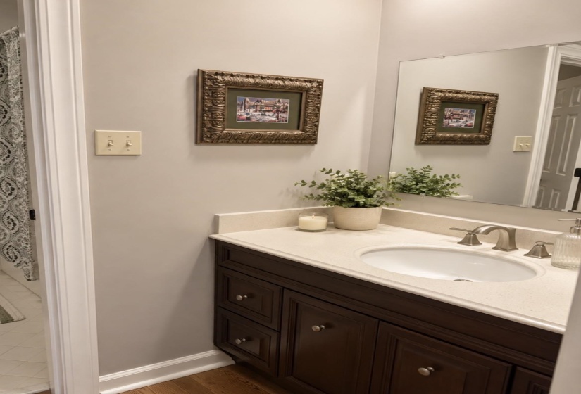 Bathroom vanity with dark wood-finish cabinetry, brushed nickel hardware, and an integrated white ceramic sink