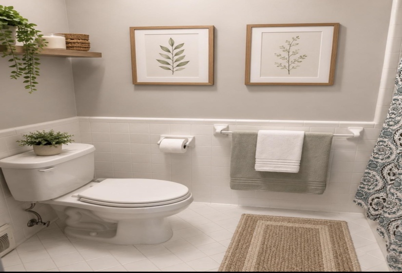 Bathroom with white tile flooring and walls, featuring a white toilet, wall-mounted towel bar, and a floating wood shelf