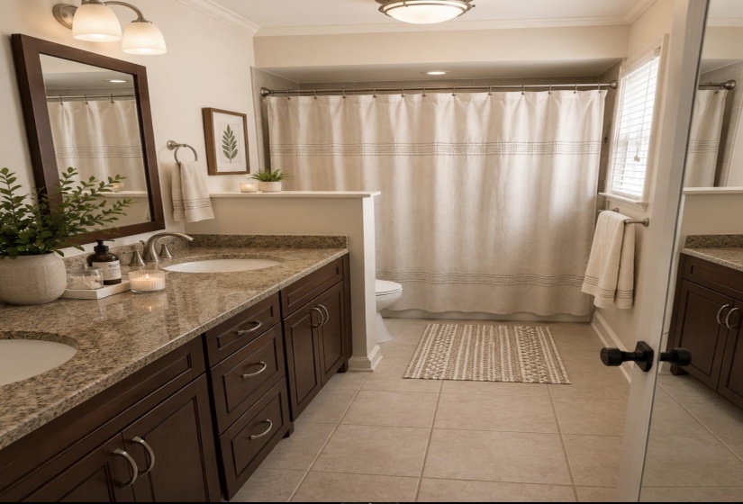 Dual sink vanity featuring a granite-style countertop and dark wood-finish cabinetry