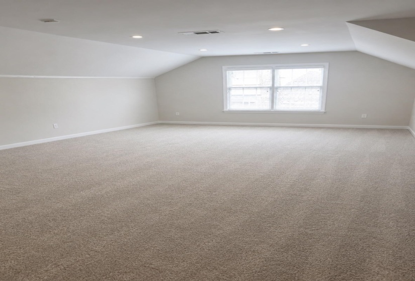 Spacious room with sloped ceilings and light beige carpeting