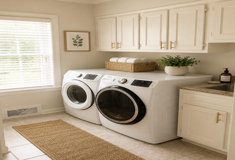 Dedicated laundry area featuring tile flooring, white shaker-style cabinetry with gold-tone hardware, a utility sink with a stone-finish countertop, and a window with blinds