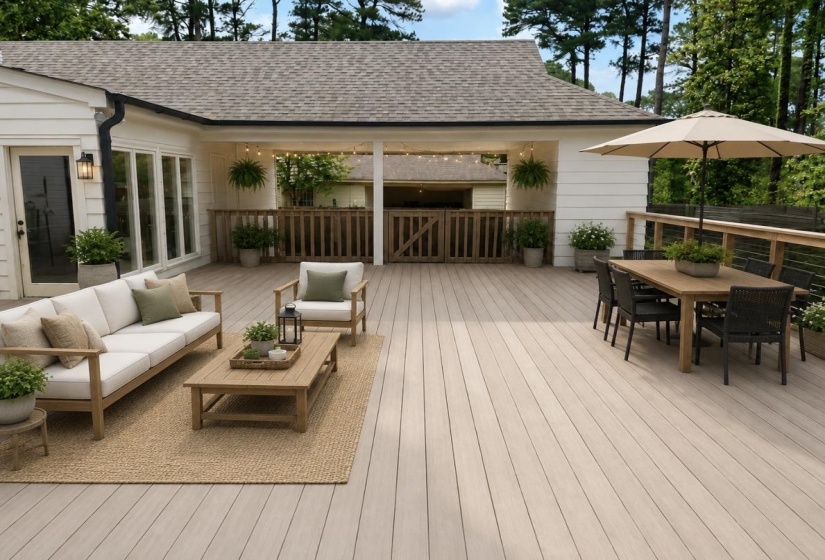 Expansive outdoor deck featuring light-toned composite decking, a covered patio area with string lighting, a railing with wood and metal elements, and large glass panel doors opening to the interior