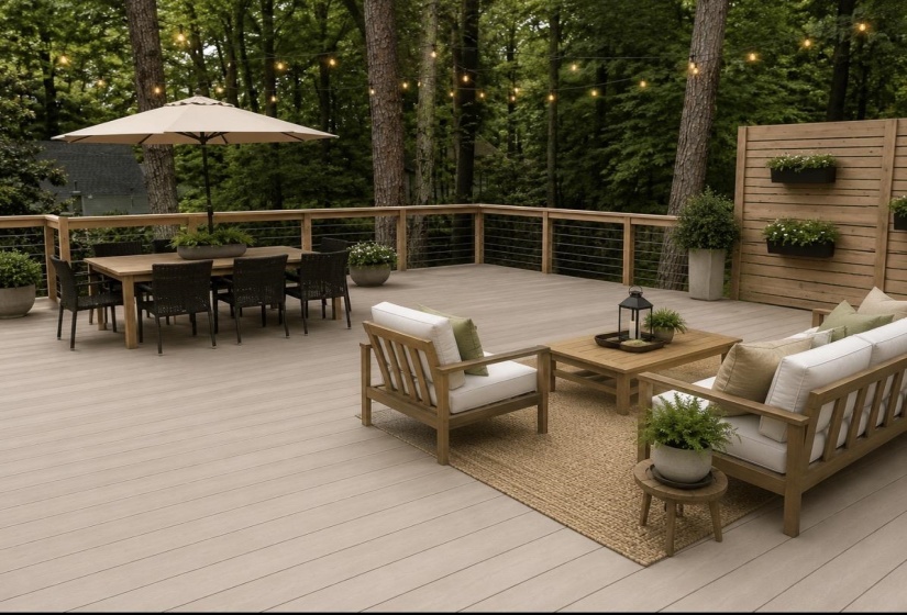 Spacious outdoor deck featuring light-toned composite decking, wood railing with cable infill, and a privacy wall with integrated planters