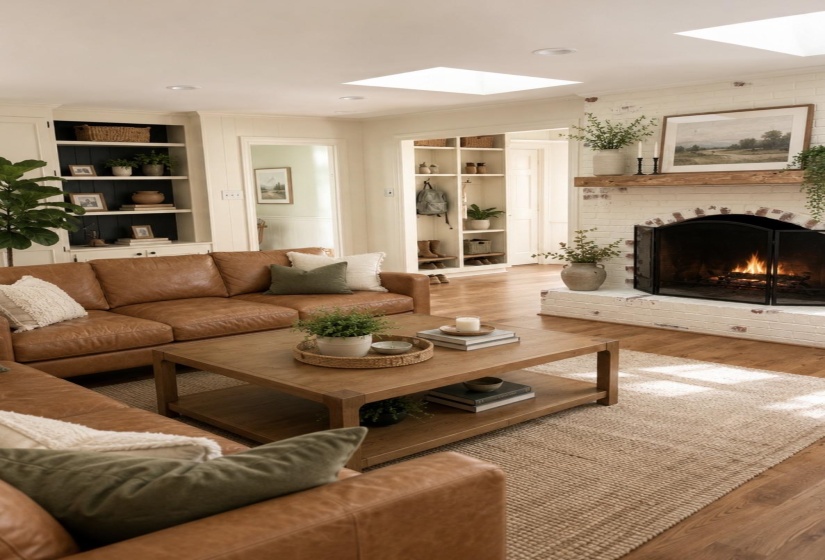 Living room featuring wood-finish flooring, a white brick fireplace with a wood mantel, built-in shelving, and two skylights