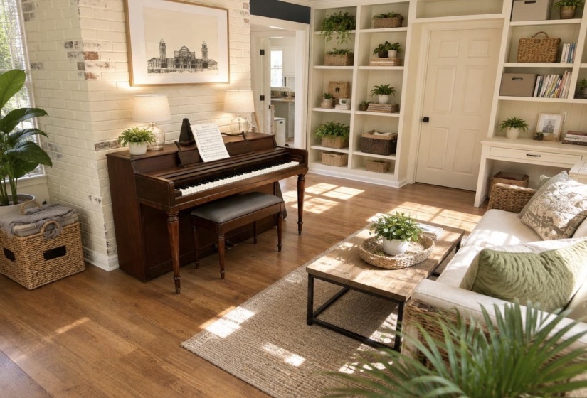 Living area featuring wood-finish flooring, a painted brick accent wall, and built-in shelving units