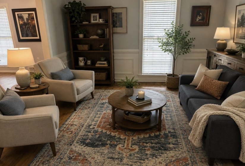 Living area featuring wainscoting, wood-finish flooring, and a large window with blinds