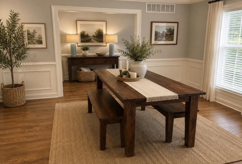 Dining area featuring wood-finish flooring, white panel molding, and a wide window with white blinds
