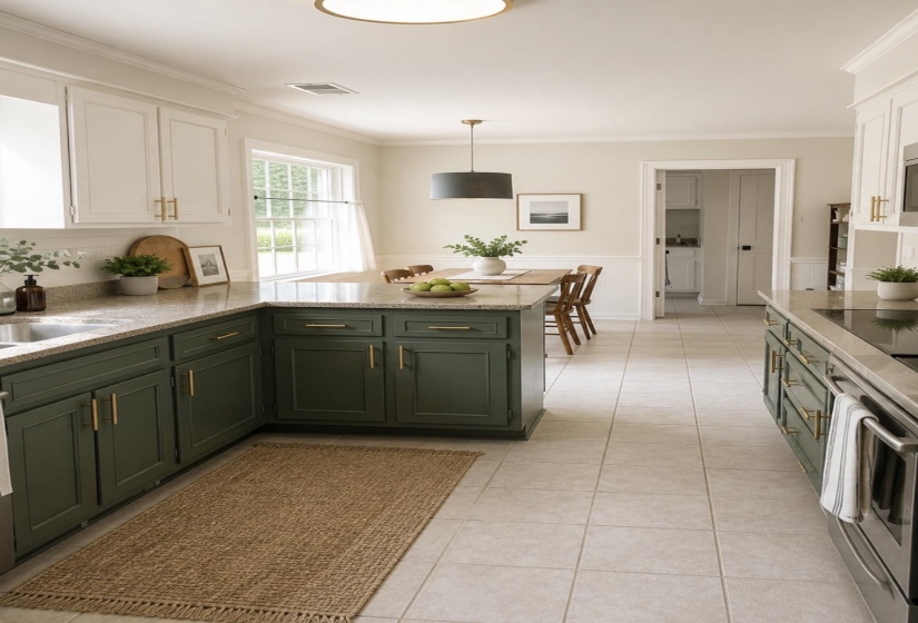 Kitchen featuring two-tone cabinetry with gold-finish hardware, light-toned countertops, and square tile flooring