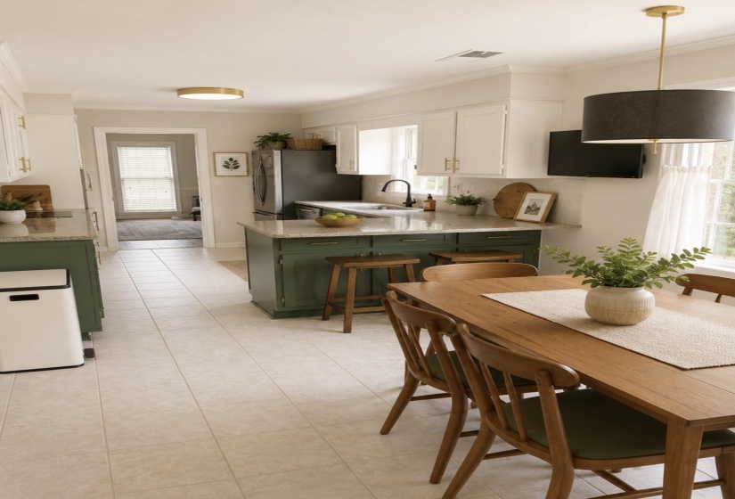 Open-concept kitchen with a central island featuring a sink and a black gooseneck faucet