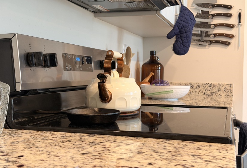Stainless steel range with a black glass cooktop and digital display, set within a speckled countertop