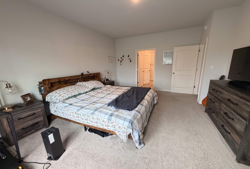 Carpeted bedroom featuring light gray walls, a rustic wood-finish headboard, and solid panel doors