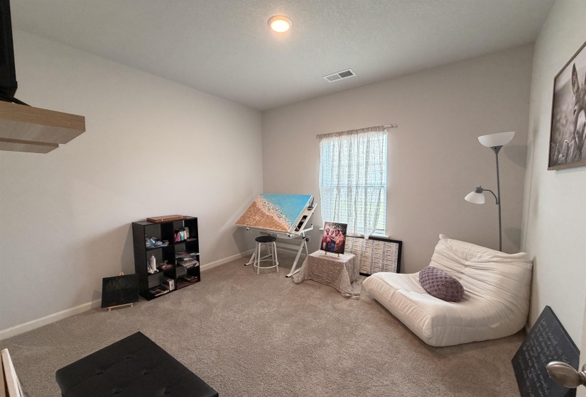 Carpeted room with a single window, white walls, and a ceiling light fixture