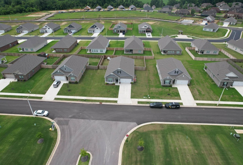 New construction residential development featuring a collection of single-story homes with attached garages, manicured lawns, and asphalt roadways