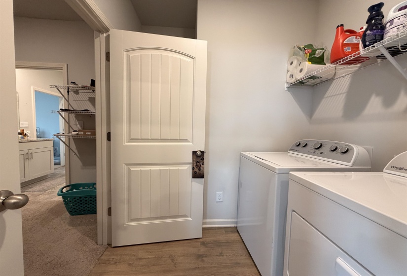 Dedicated laundry space featuring wood-finish flooring, white walls, and built-in wire shelving