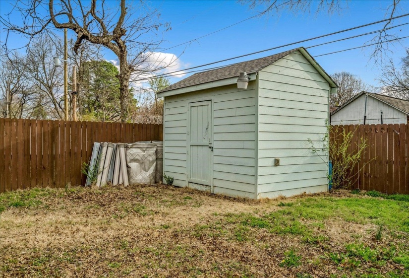 View of shed with a fenced backyard