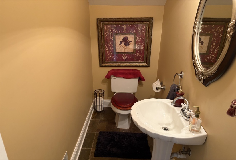 Compact powder room featuring a pedestal sink, a toilet, earth-toned wall paint, and dark tile flooring