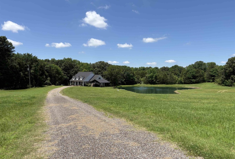 Gravel driveway leading to a colonial-style residence with a dark roof and white siding, surrounded by mature trees