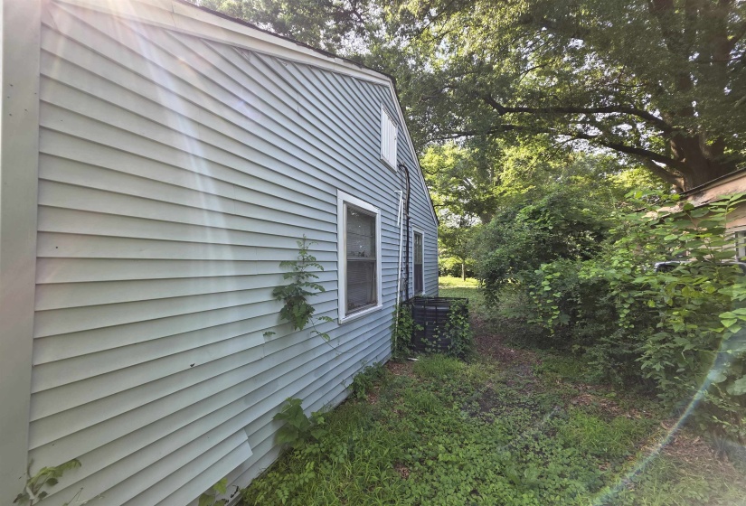 Light blue horizontal vinyl siding exterior with white window trim and established trees