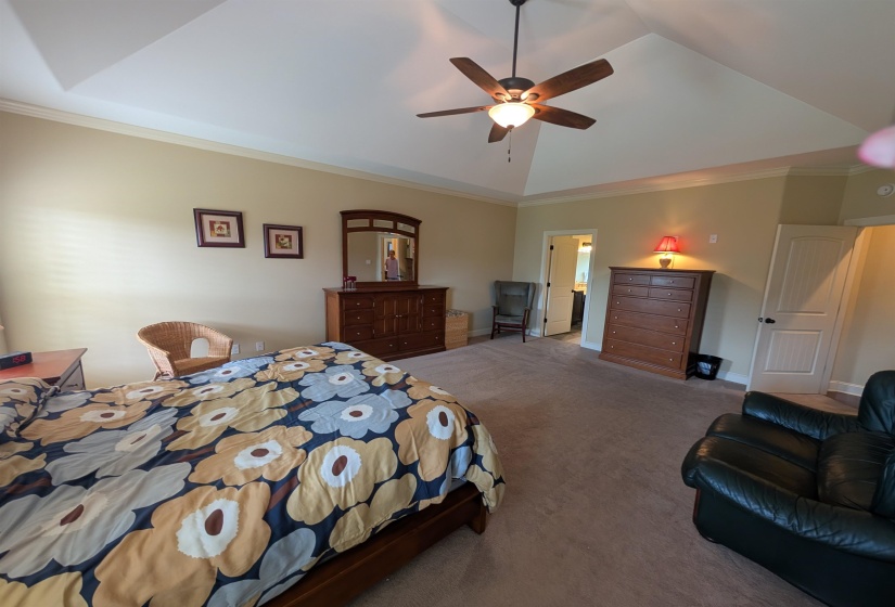 Expansive room featuring a tray ceiling, ceiling fan, and crown molding