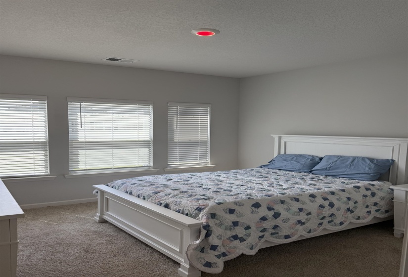 Neutral wall paint, three large windows with blinds, recessed ceiling lighting, and carpet flooring