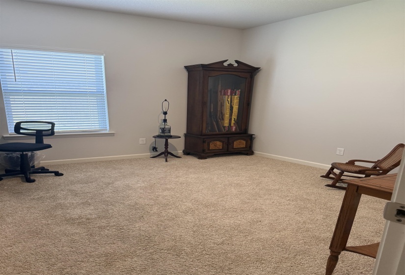 Carpeted room featuring light neutral wall paint and a single window with horizontal blinds