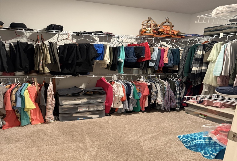 Spacious walk-in closet featuring light-colored carpeting, white wire shelving, and extensive hanging rods for organization