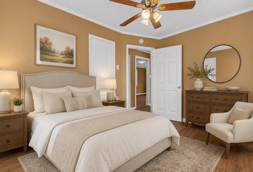 Bedroom featuring wood-finish flooring, a ceiling fan with light fixture, and a neutral color palette