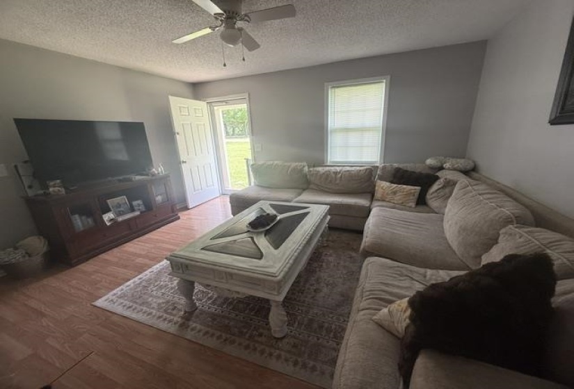 Living area featuring wood-finish flooring, a ceiling fan, and light gray wall paint