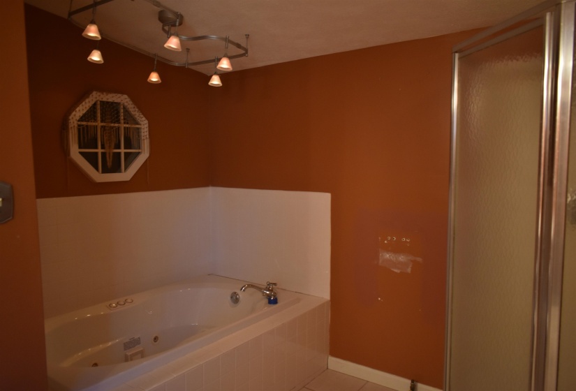 Bathroom with a whirlpool tub, tile patterned flooring, and a shower with door