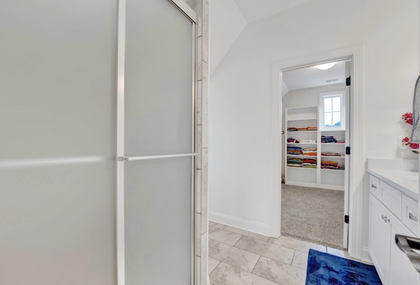 Frosted glass shower enclosure with brushed nickel hardware