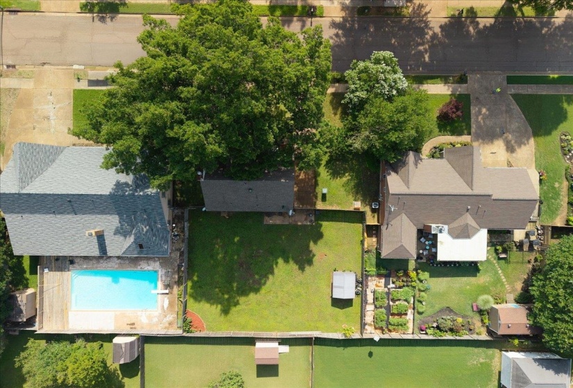 Expansive property featuring a private swimming pool with surrounding decking, mature trees, and a spacious green lawn