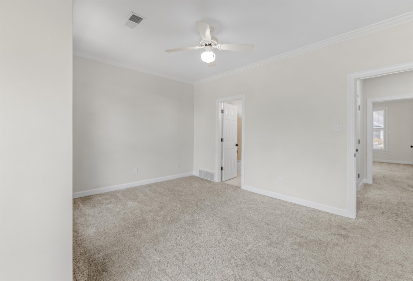 Spacious room featuring new carpet, neutral wall colors, crown molding, a ceiling fan, and white trim
