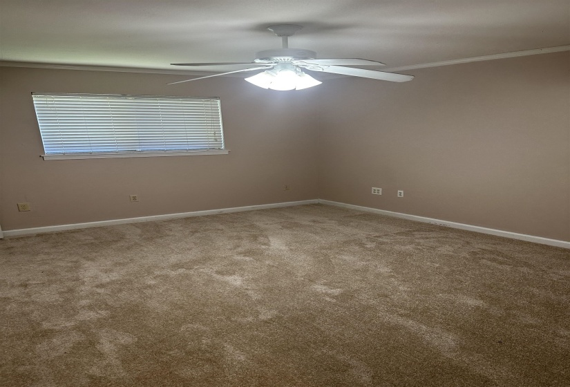 Empty room featuring carpet floors, ceiling fan, crown molding, and baseboards