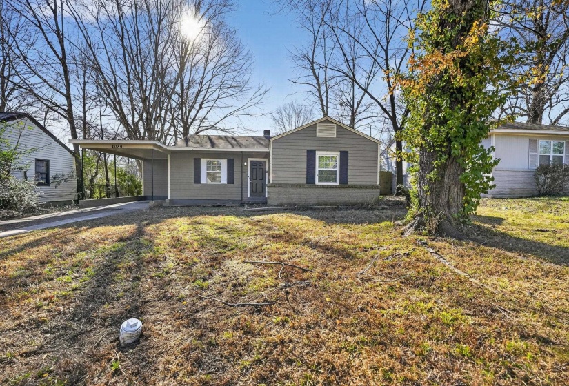 Ranch-style house featuring a carport, a front yard, driveway, and brick siding