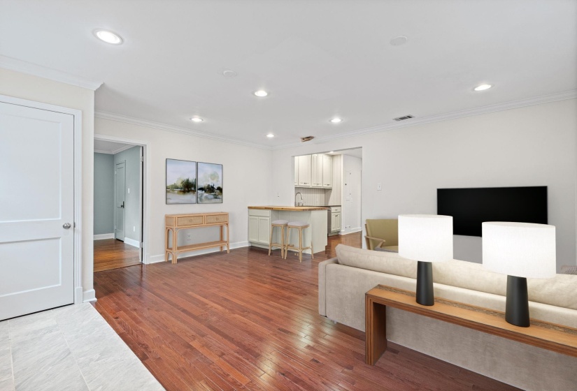 Hardwood flooring throughout the main living area