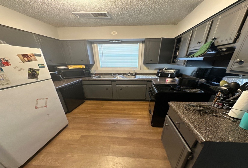 Kitchen featuring wood-finish flooring, dark cabinetry, and speckled countertops