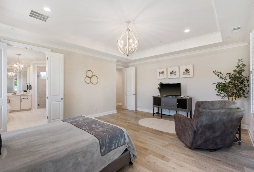 Spacious room featuring a tray ceiling, an ornate spherical chandelier, wood-finish flooring, and white trim