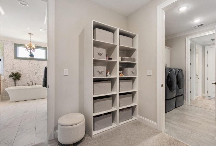 Central built-in shelving unit with multiple compartments