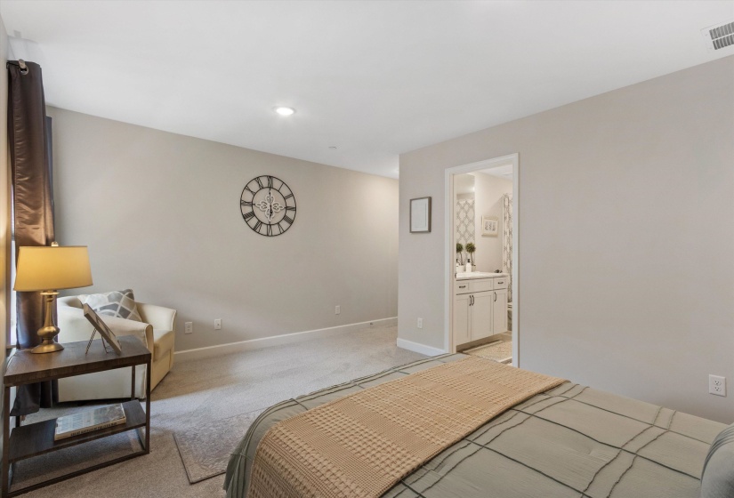 Spacious bedroom featuring light-colored walls and plush carpeting, with a recessed lighting fixture