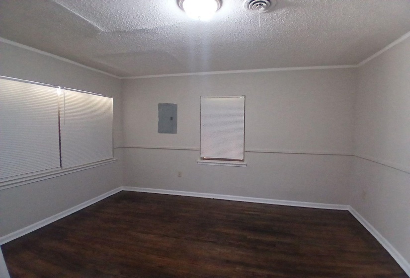 Neutral wall paint with crown molding and dark wood-finish flooring