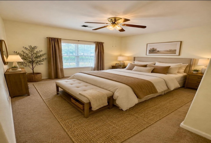 Virtually Staged:  Carpeted bedroom featuring a window with blinds and drapes, a ceiling fan with light fixture, and a light-colored upholstered headboard