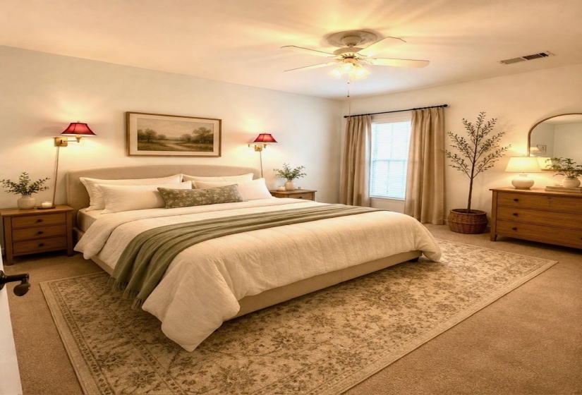 Virtually staged:  Inviting bedroom featuring carpet flooring, a ceiling fan, and a window with blinds and drapes