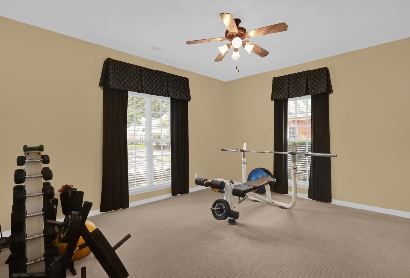 Carpeted room with a ceiling fan light fixture