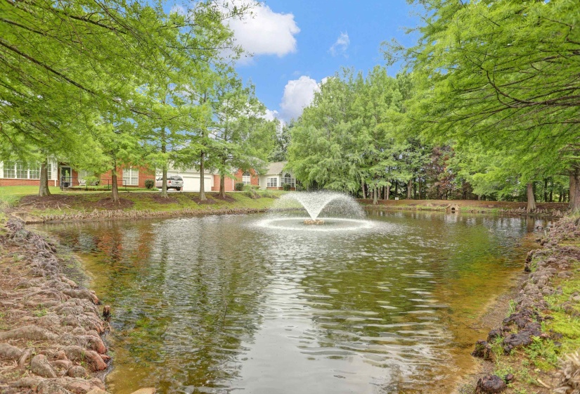 Pond featuring a central fountain, surrounded by mature trees and lush green landscaping