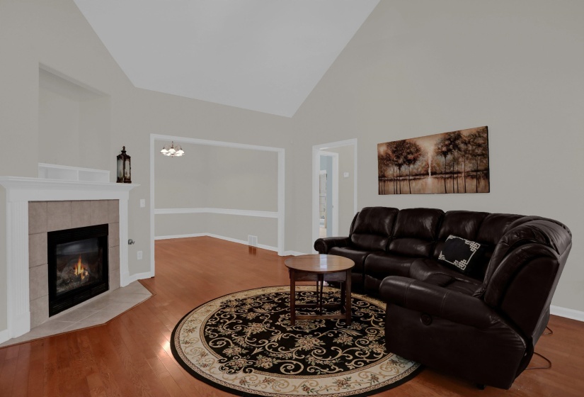 Spacious living area featuring a vaulted ceiling and wood-finish flooring