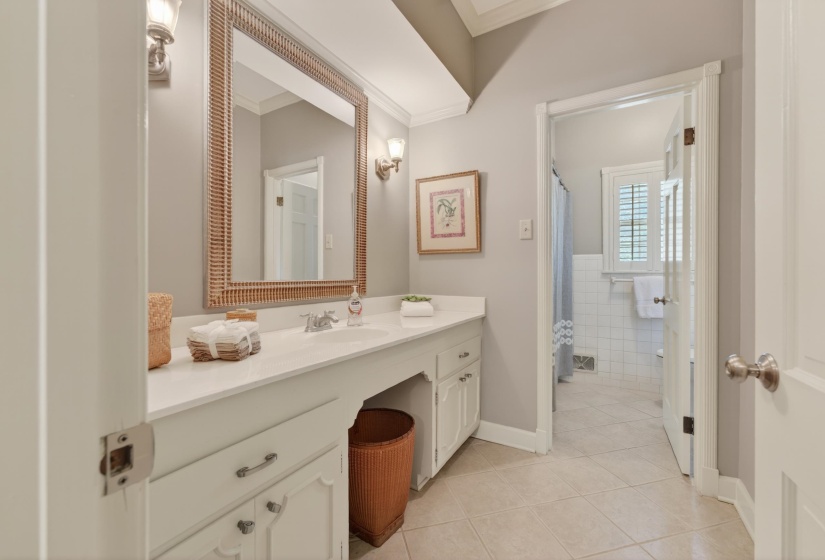 Bathroom vanity featuring a single basin, ample countertop space, and under-counter storage cabinetry