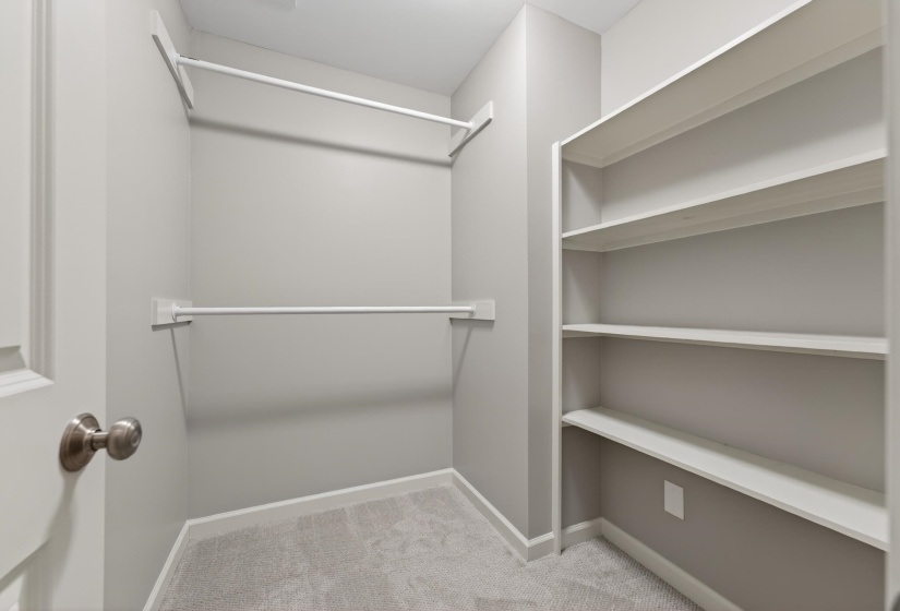 Interior closet featuring light gray walls, built-in shelving, two hanging rods, and light gray carpet flooring