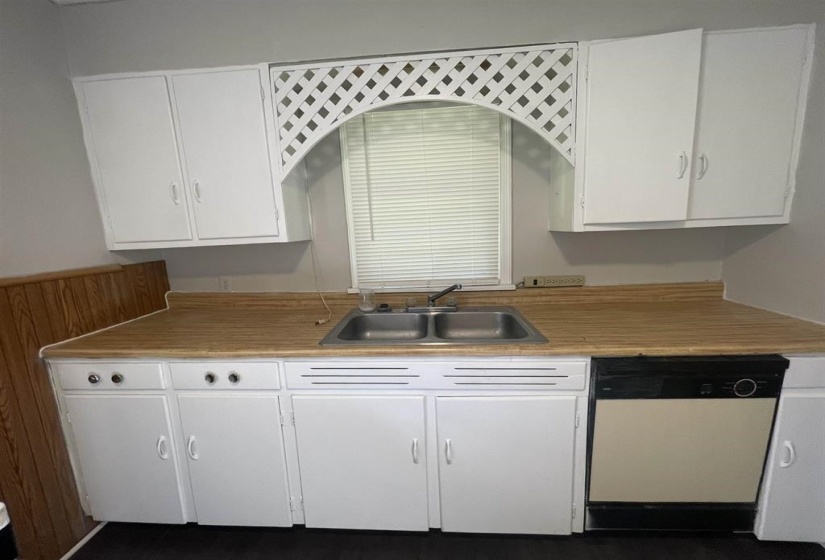 Kitchen featuring white cabinetry, wood-finish countertops, and a dual basin stainless steel sink