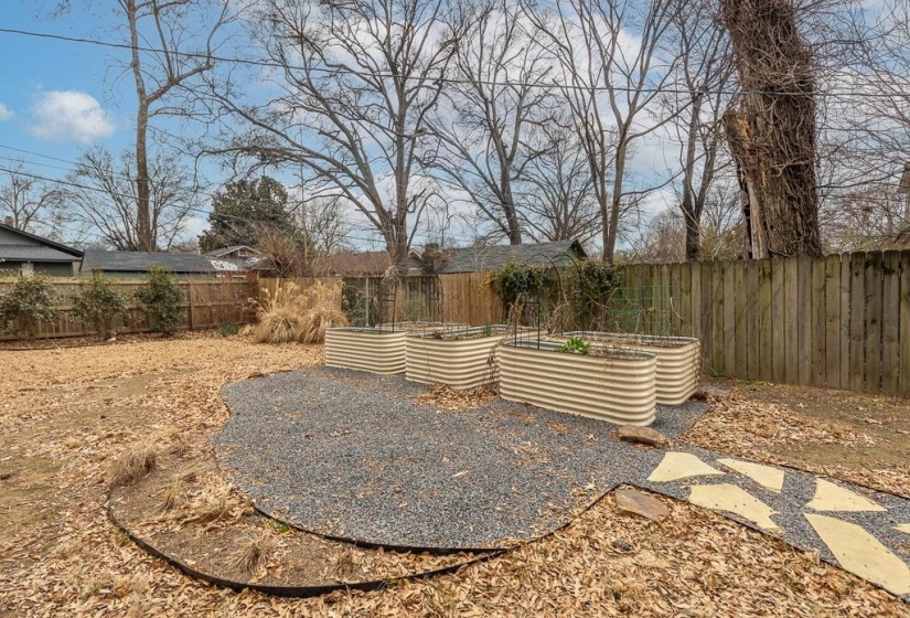 Fenced backyard with a vegetable garden