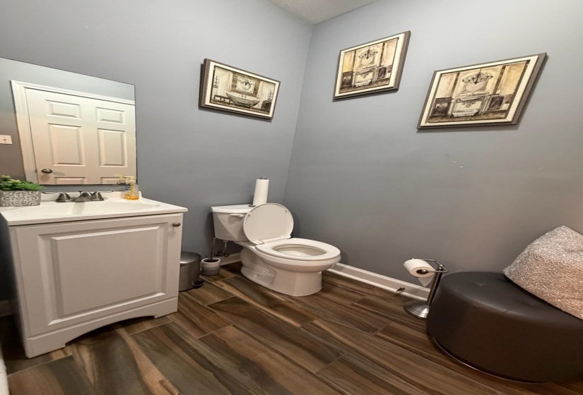 Powder room featuring wood-finish flooring, a white vanity with a rectangular sink, and a wall-mounted mirror